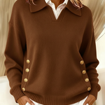 Women's Polo Collar Sweater with Gold Buttons in Brown