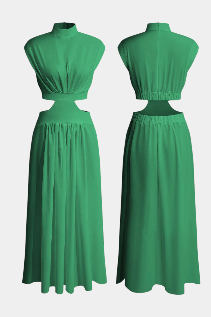High-Neck Top & Side-Slit Skirt Set in Green