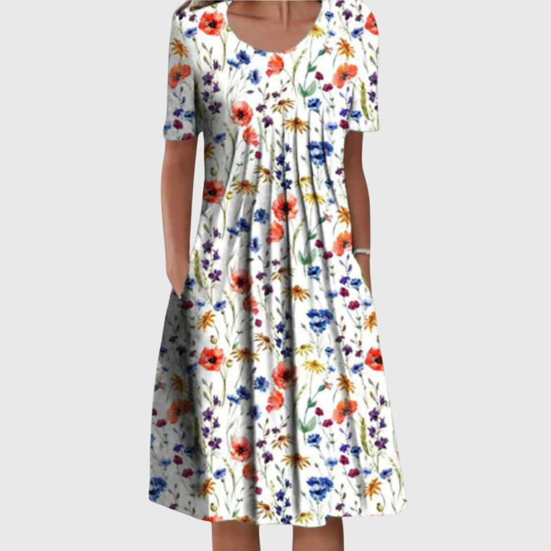 Women's Midi Dress with Tummy Coverage in Red Flowers