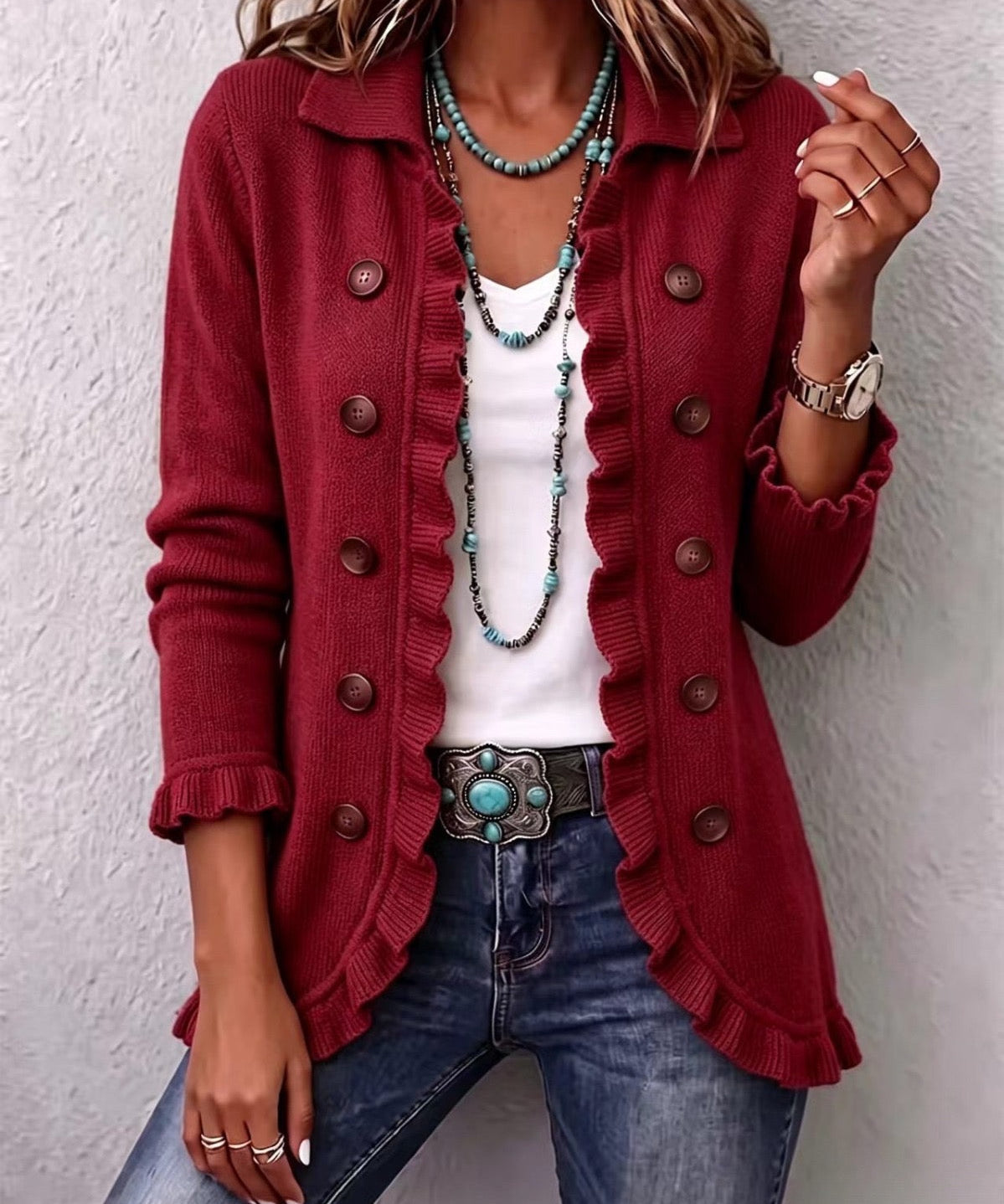 Women's Ruby Red Ribbed Knit Ruffle Jacket
