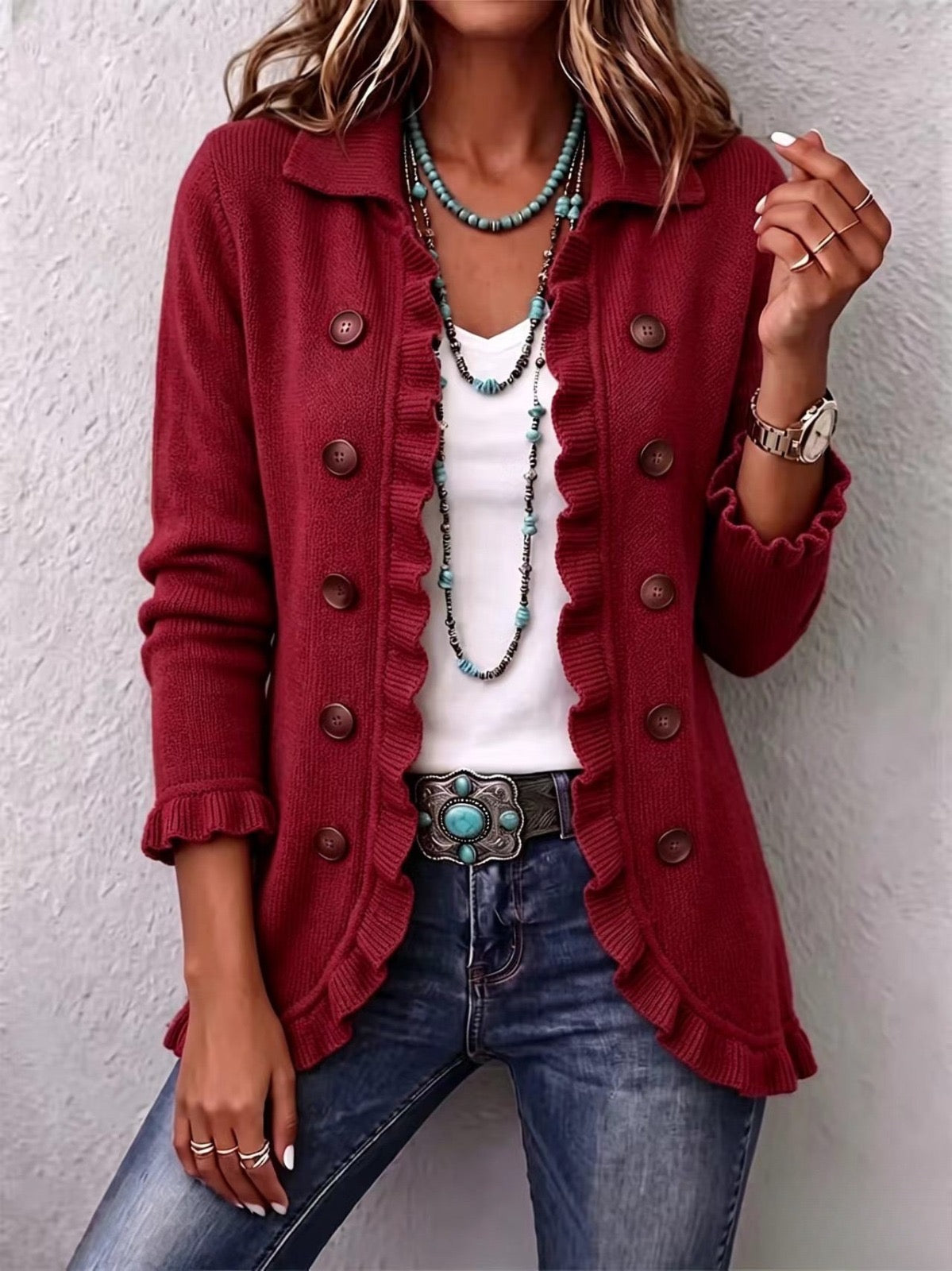 Women's Ruby Red Ribbed Knit Ruffle Jacket