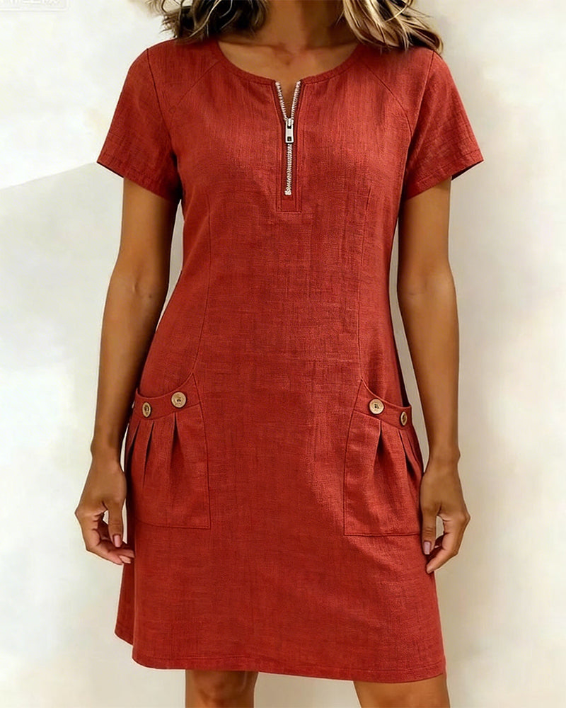 Women's Cotton Dress with Zipper Pocket in Red