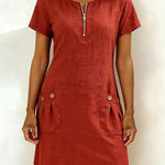 Women's Cotton Dress with Zipper Pocket in Red