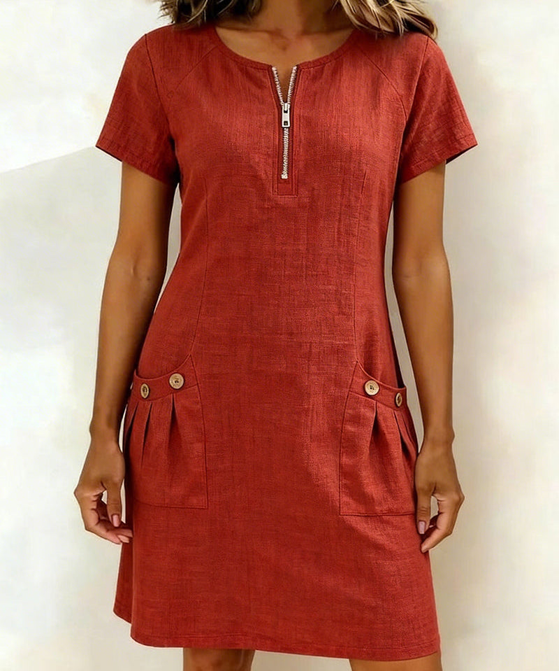 Women's Cotton Dress with Zip Pocket in Red