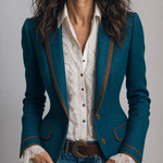 Retro Herringbone Tweed Fitted Blazer with Contrast Trim