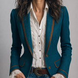 Retro Herringbone Tweed Fitted Blazer with Contrast Trim