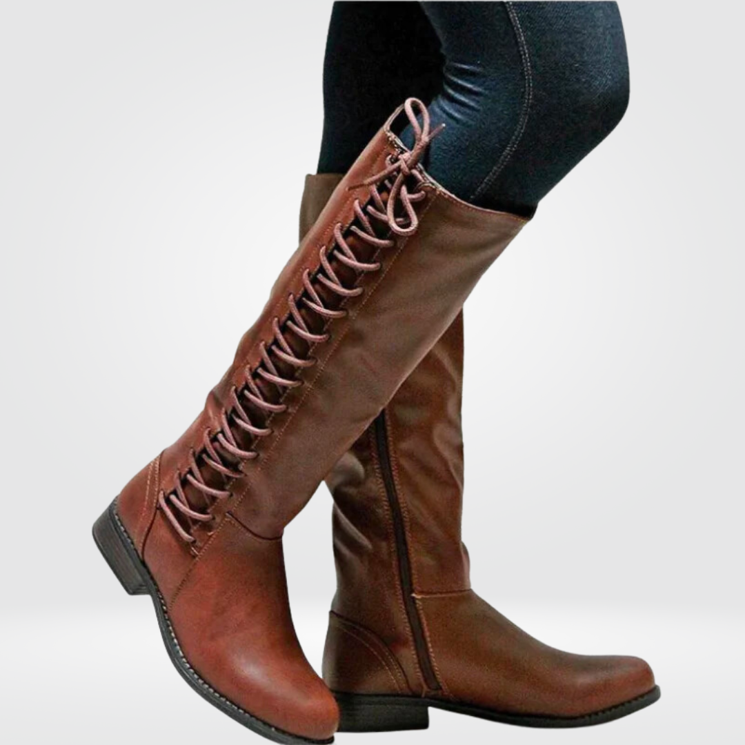 Women's Durable Tall Patent Leather Boots in Brown