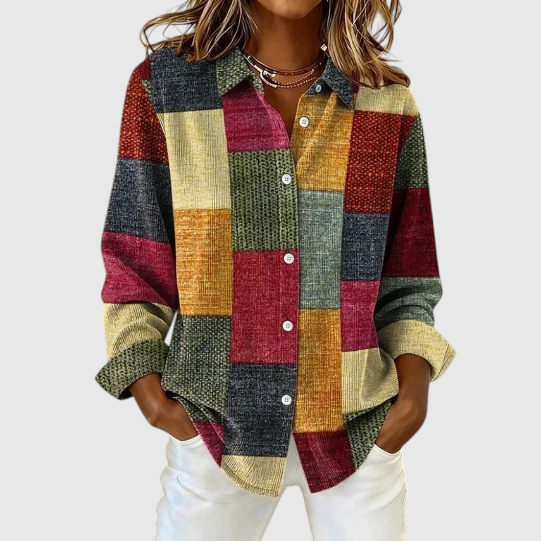 Women's Vintage Patchwork Button-Front Blouse in Brown