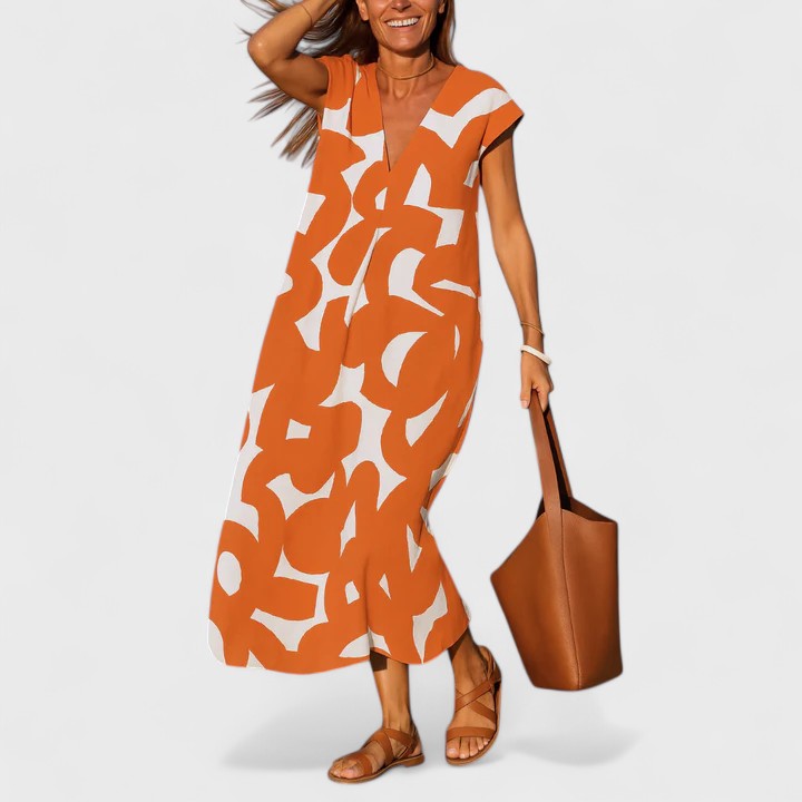 Women's Flowing V-Neck Dress in Orange