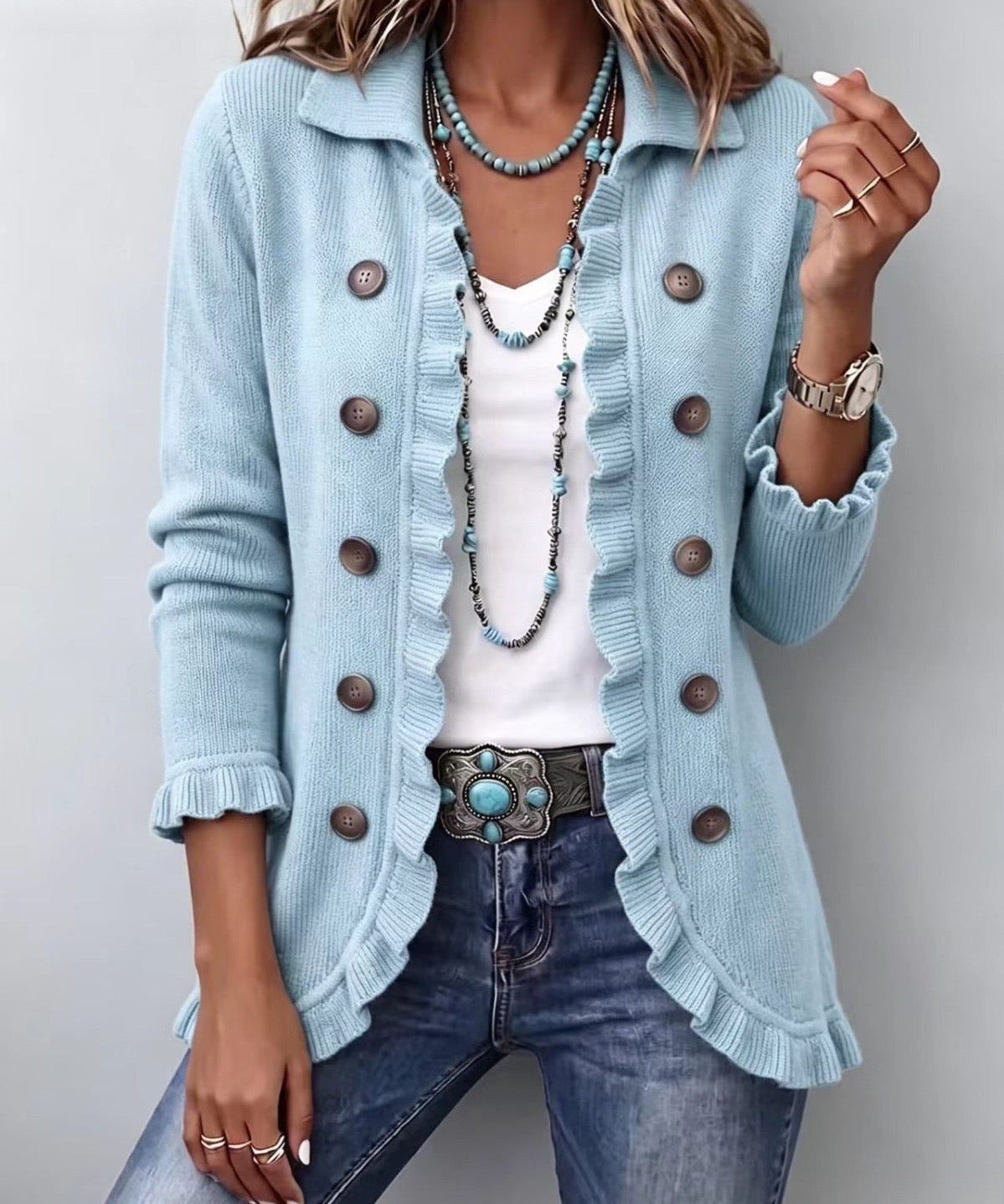 Women's Powder Blue Ribbed Knit Ruffle Jacket