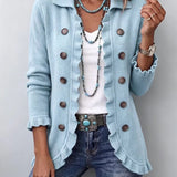 Women's Powder Blue Ribbed Knit Ruffle Jacket