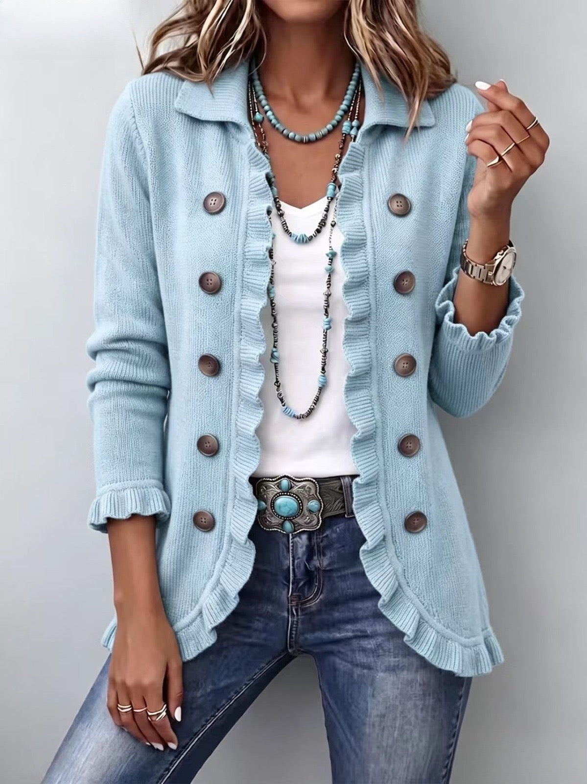 Women's Powder Blue Ribbed Knit Ruffle Jacket