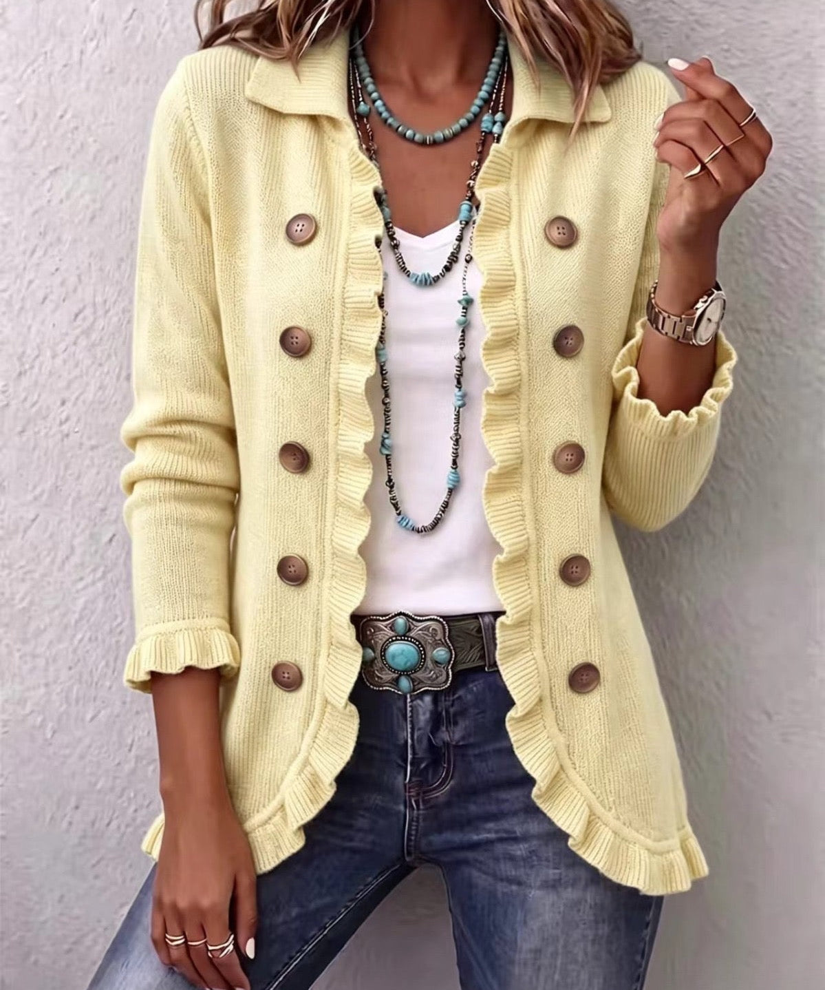 Women's Buttercream Ribbed Knit Ruffle Jacket