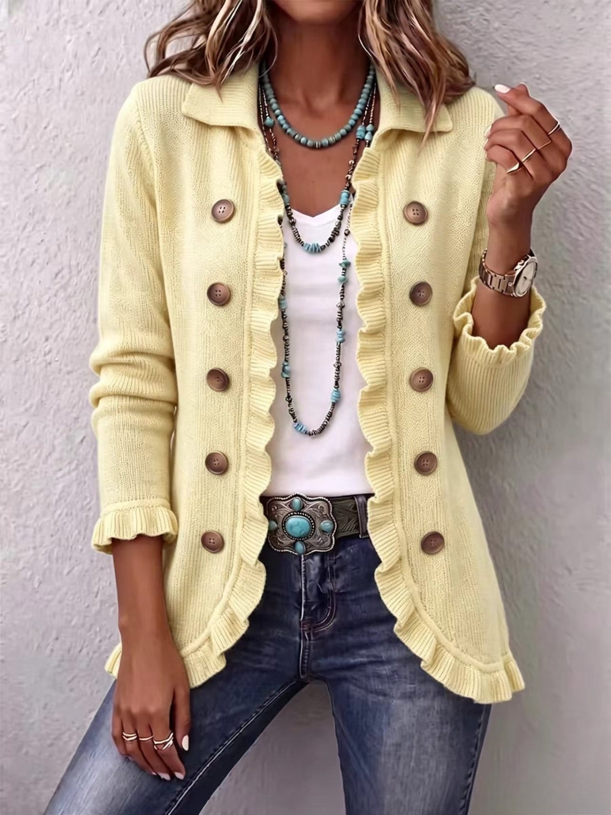 Women's Buttercream Ribbed Knit Ruffle Jacket