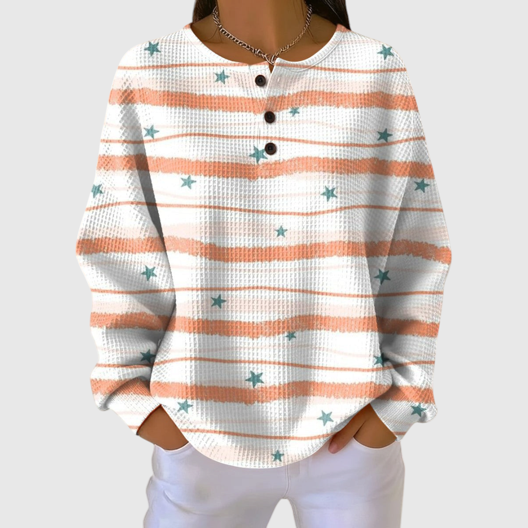 Women's Striped Sweater with Star Design in White/Orange