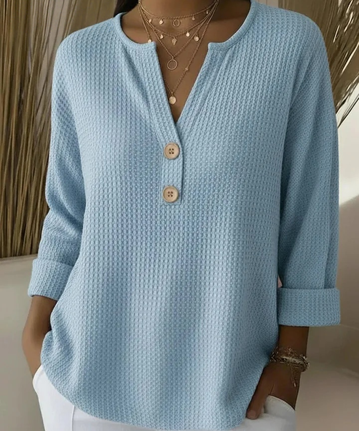 Women's Waffle Knit Henley Top in Sky Blue