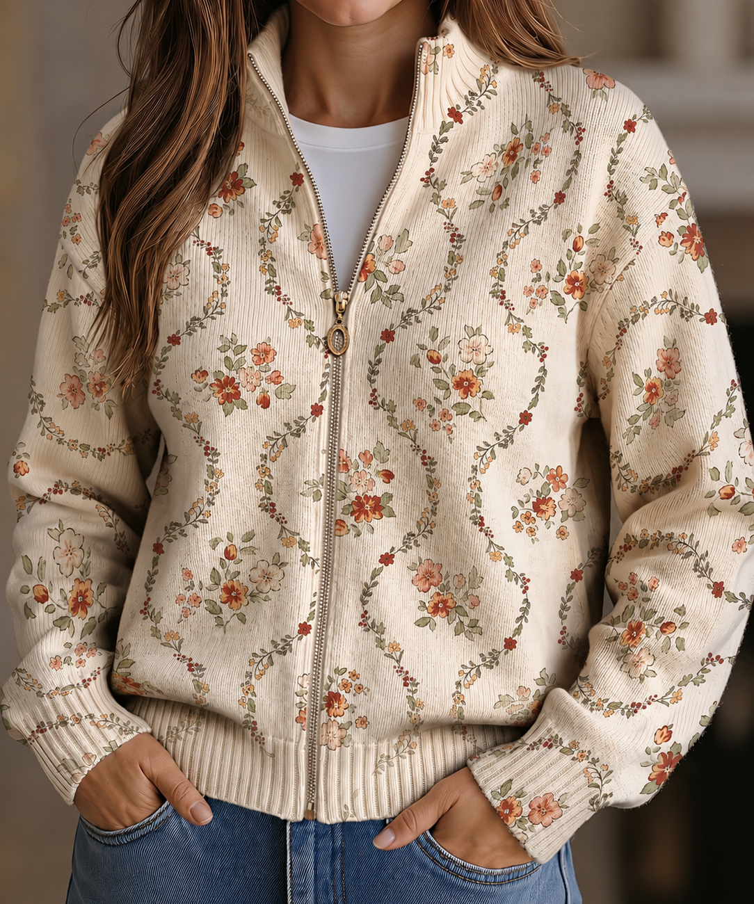 Women's Floral Vine Zip Cardigan