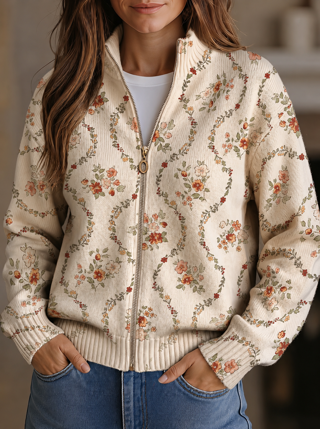 Women's Floral Vine Zip Cardigan