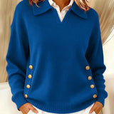 Women's Polo Collar Sweater with Gold Buttons in Blue