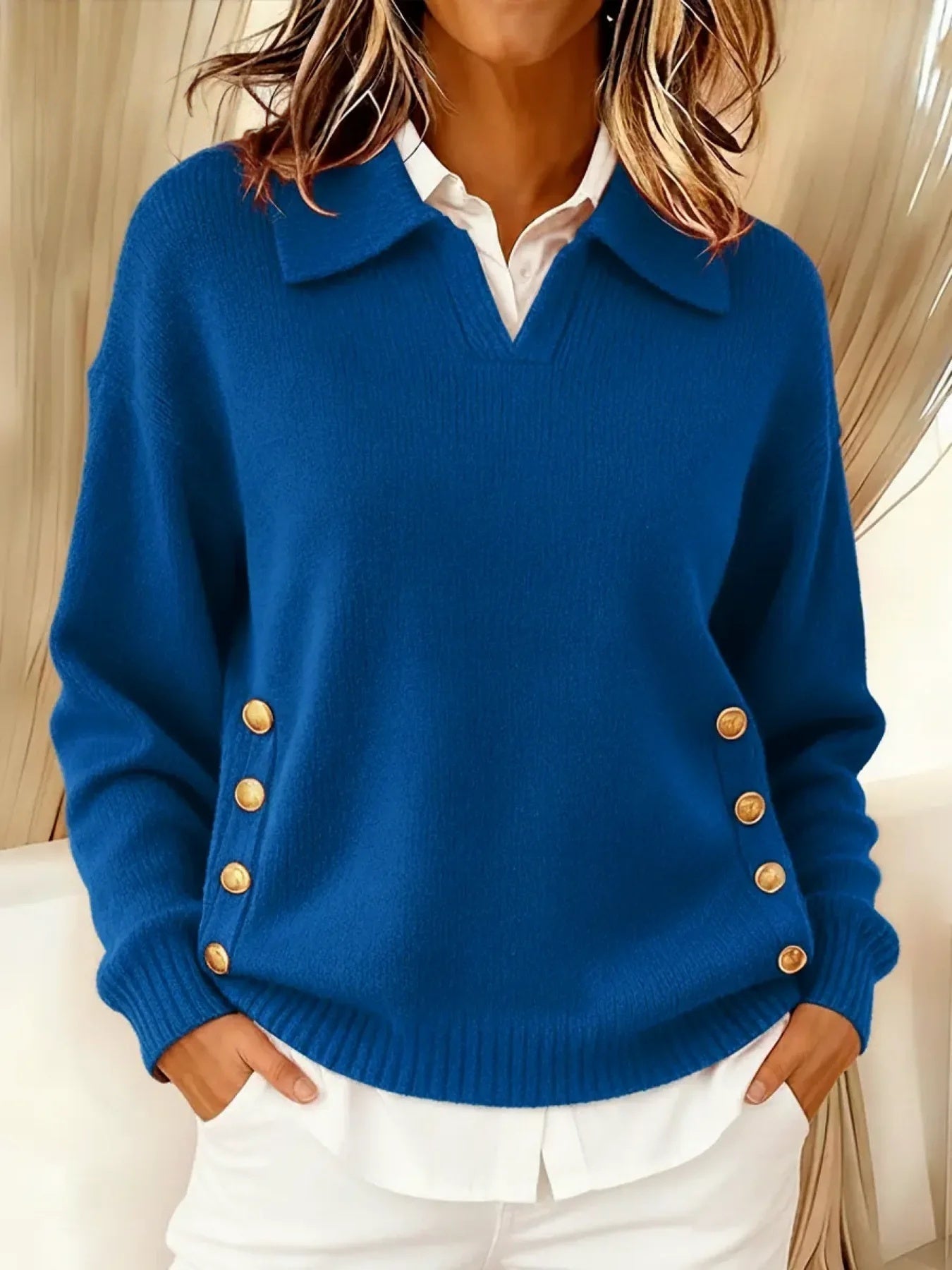 Women's Polo Collar Sweater with Gold Buttons in Blue