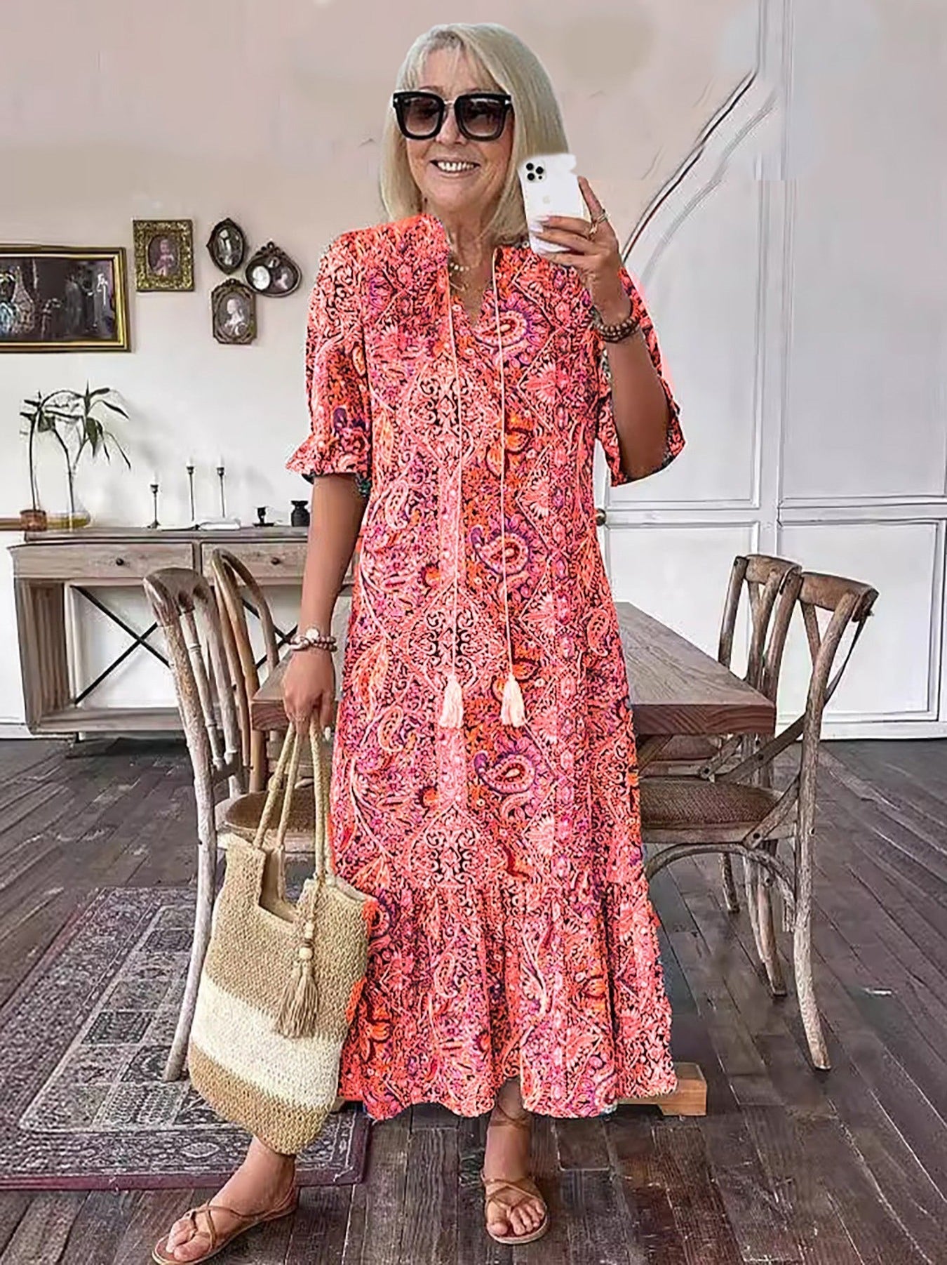 Women's Boho Grace Midi Dress in Red