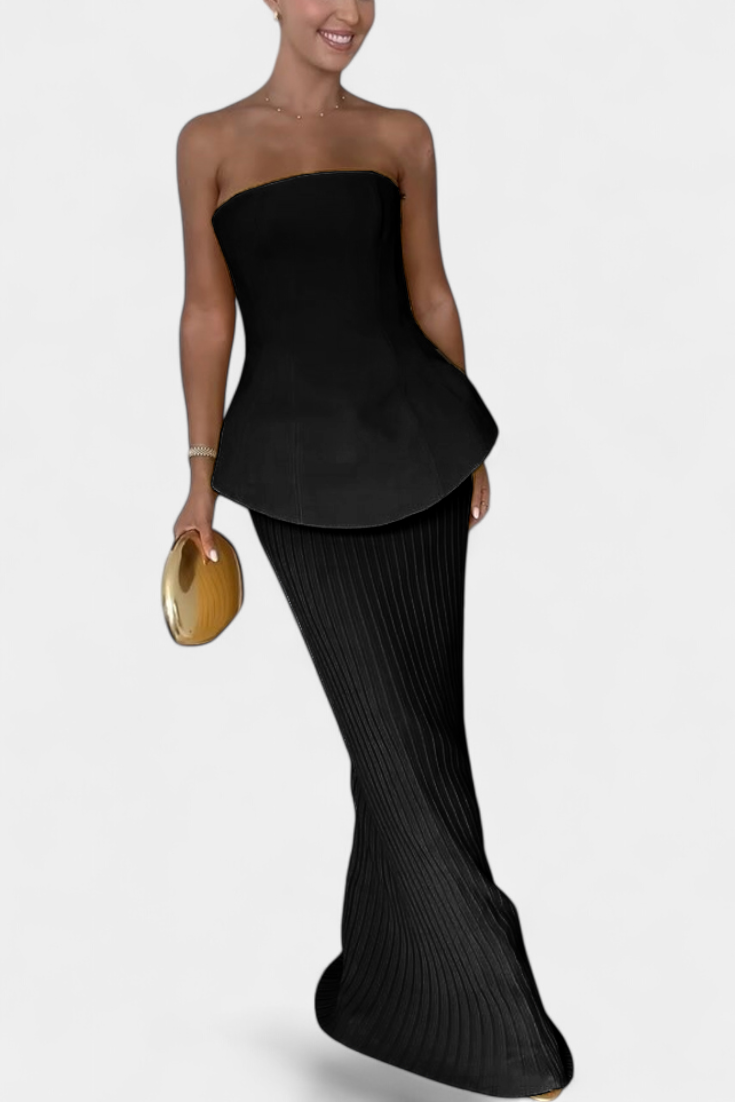 Strapless Bandeau Top with Pleated Skirt Set in Black
