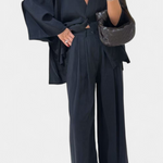 V-Neck Top with Straight-Leg Pants Set in Navy