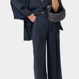 V-Neck Top with Straight-Leg Pants Set in Navy