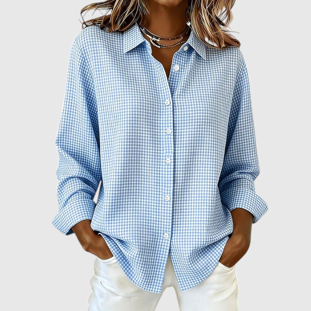Women's Relaxed Gingham Button-Front Blouse in Sky Blue