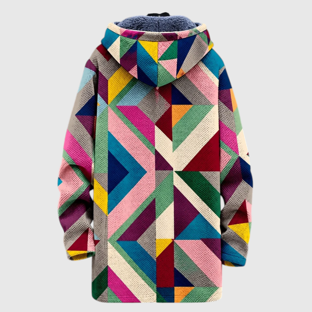 Cardigan com capuz Linda Monroe com padrão geométrico colorido, forro tipo sherpa e corte descontraído, vista traseira.