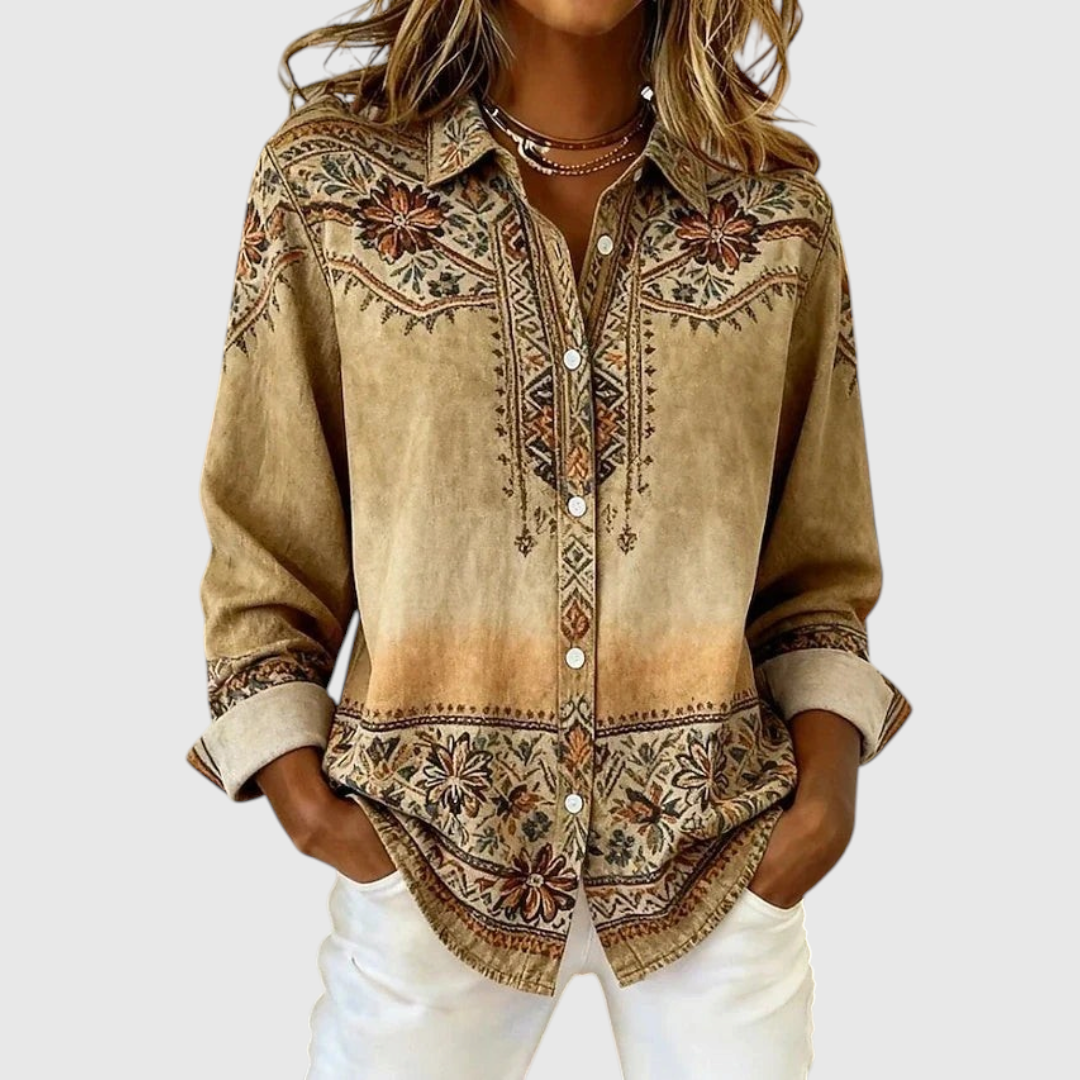 Women's Vintage Floral Button-Front Blouse in Khaki