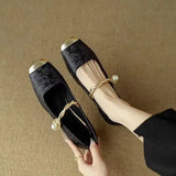 Jacquard Mary Jane Flats with Pearl Strap in Black