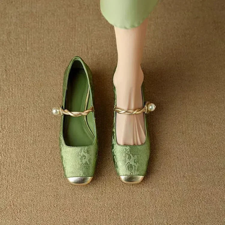 Jacquard Mary Jane Flats with Pearl Strap in Green