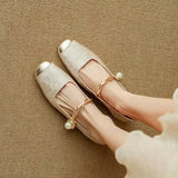 Jacquard Mary Jane Flats with Pearl Strap in Beige