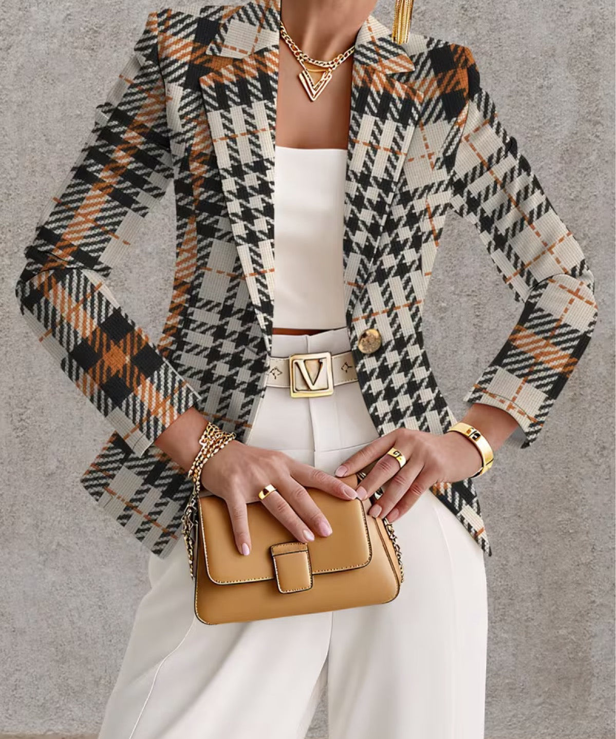 Women's Houndstooth Blazer in Beige and Black
