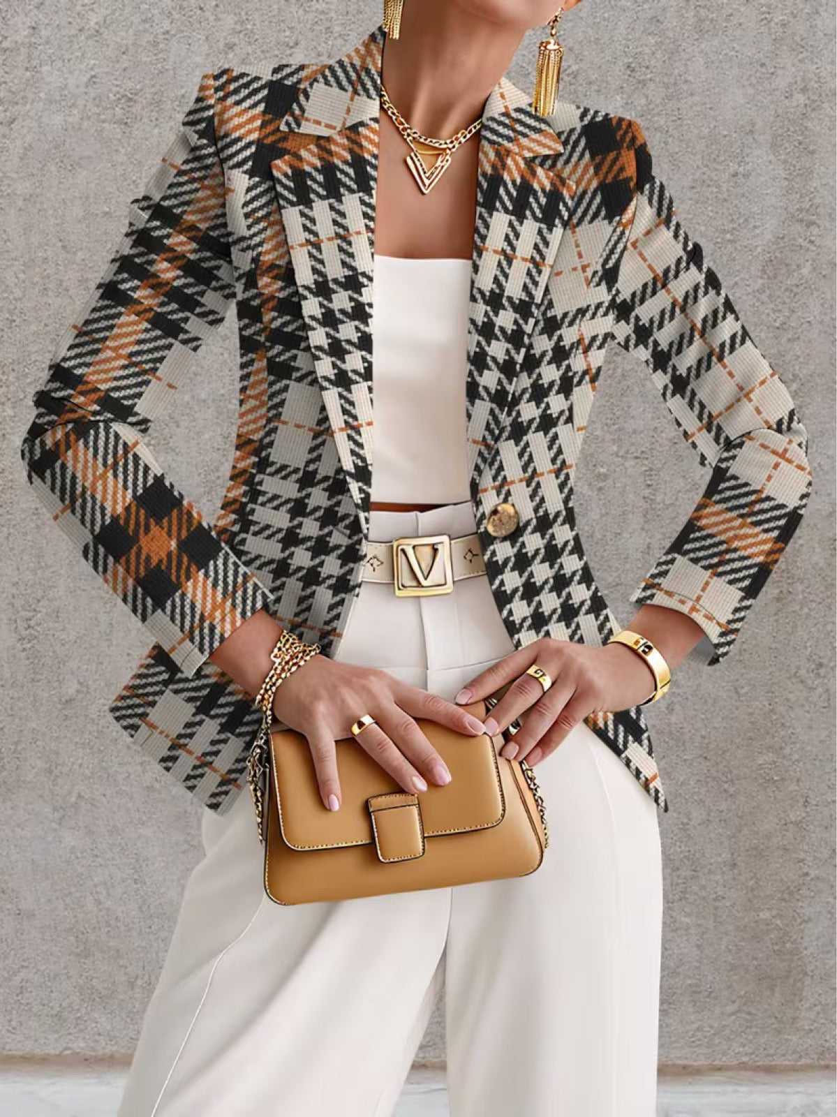 Women's Houndstooth Blazer in Beige and Black