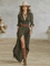 Women's Long Linen Dress with Reverse Collar in Green