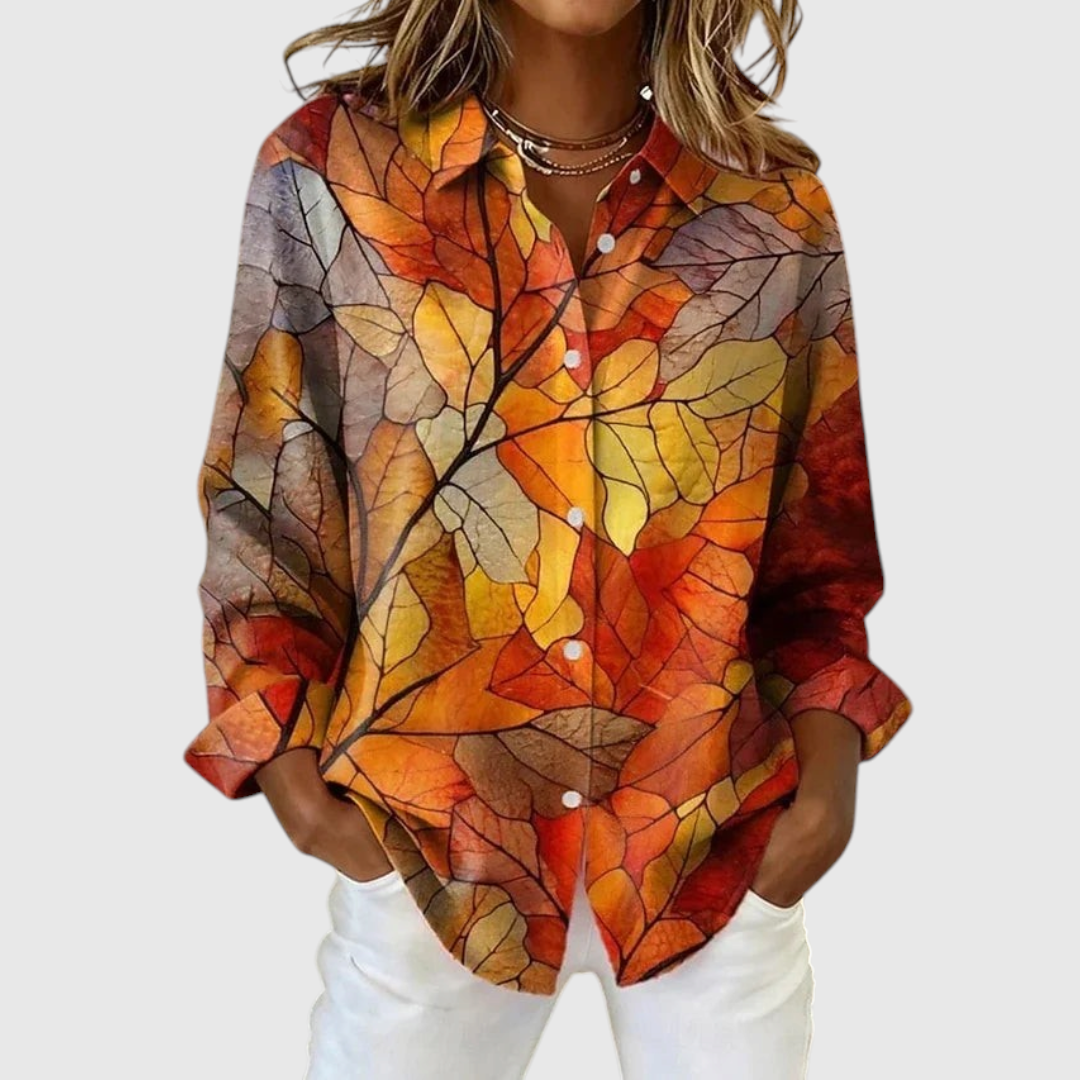 Autumn Botanical Print Button-Up Blouse in Autumn Leaf