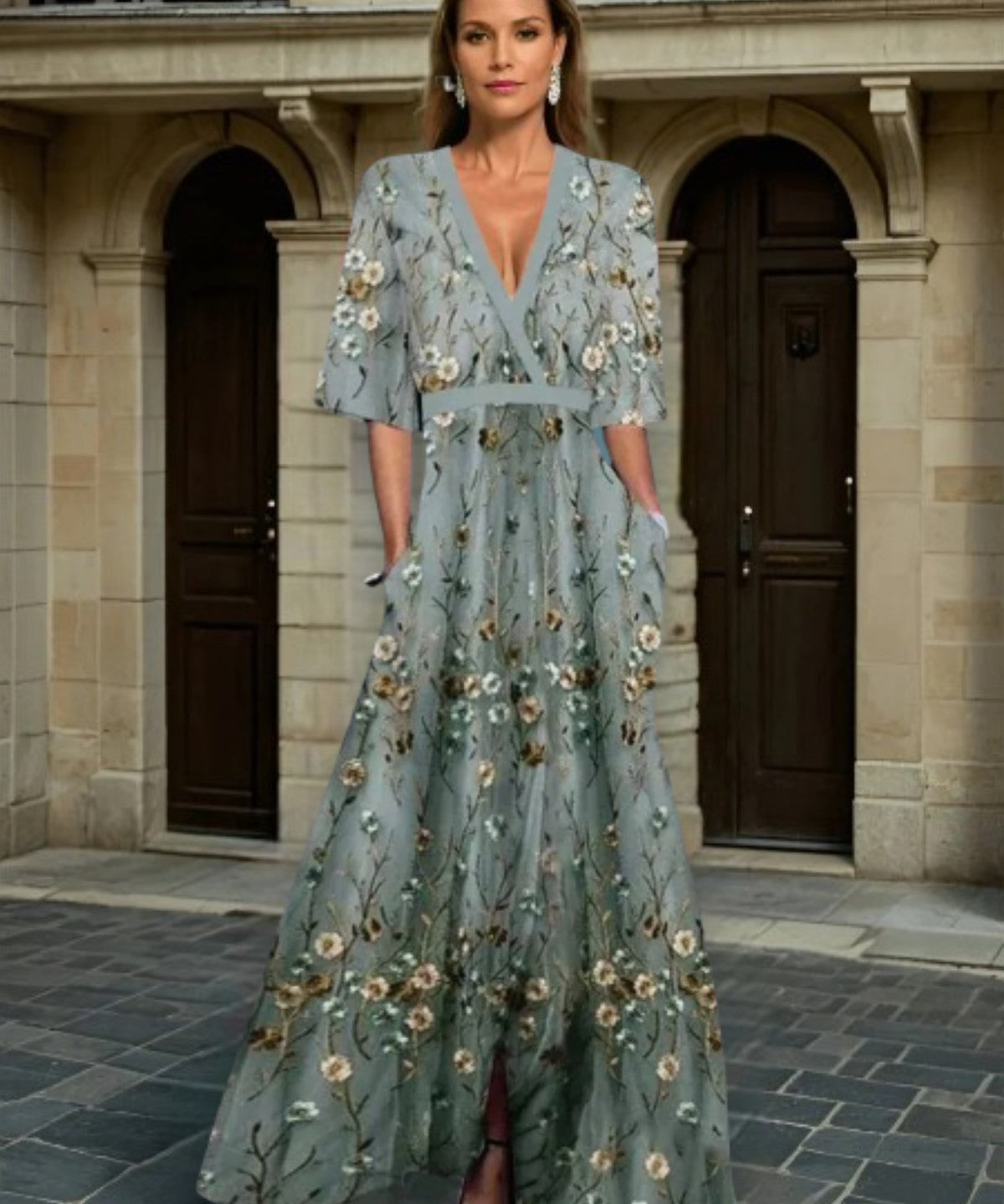 Women's Elegant V-Neck Belted Boho Maxi Dress