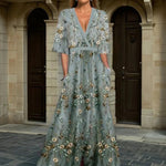 Women's Elegant V-Neck Belted Boho Maxi Dress