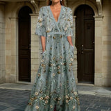 Women's Elegant V-Neck Belted Boho Maxi Dress