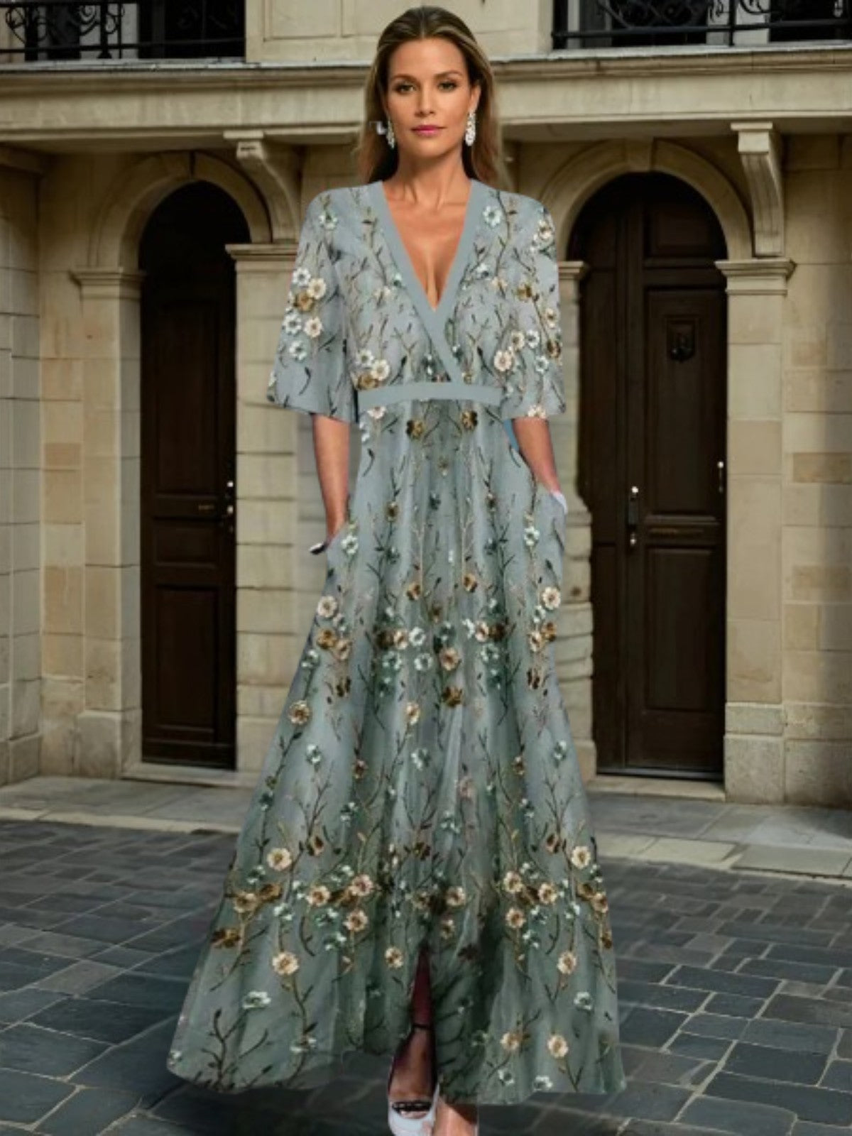Women's Elegant V-Neck Belted Boho Maxi Dress