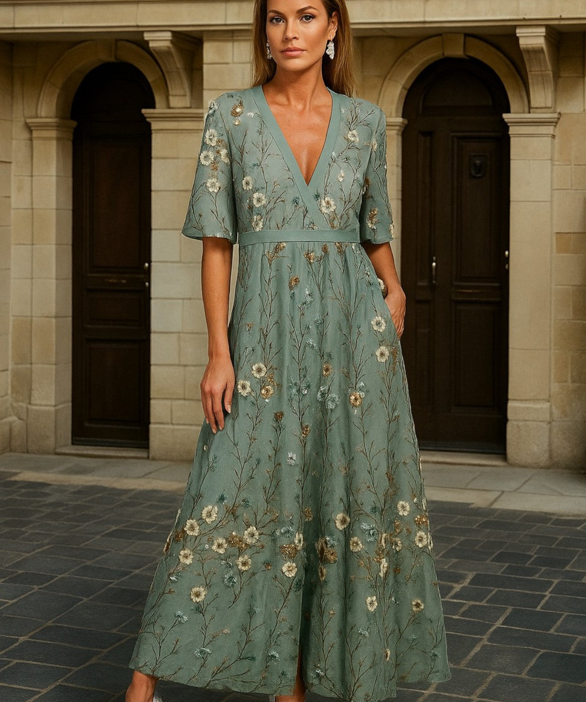 Women's Elegant V-Neck Belted Boho Maxi Dress, photo 2