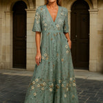 Women's Elegant V-Neck Belted Boho Maxi Dress, photo 2