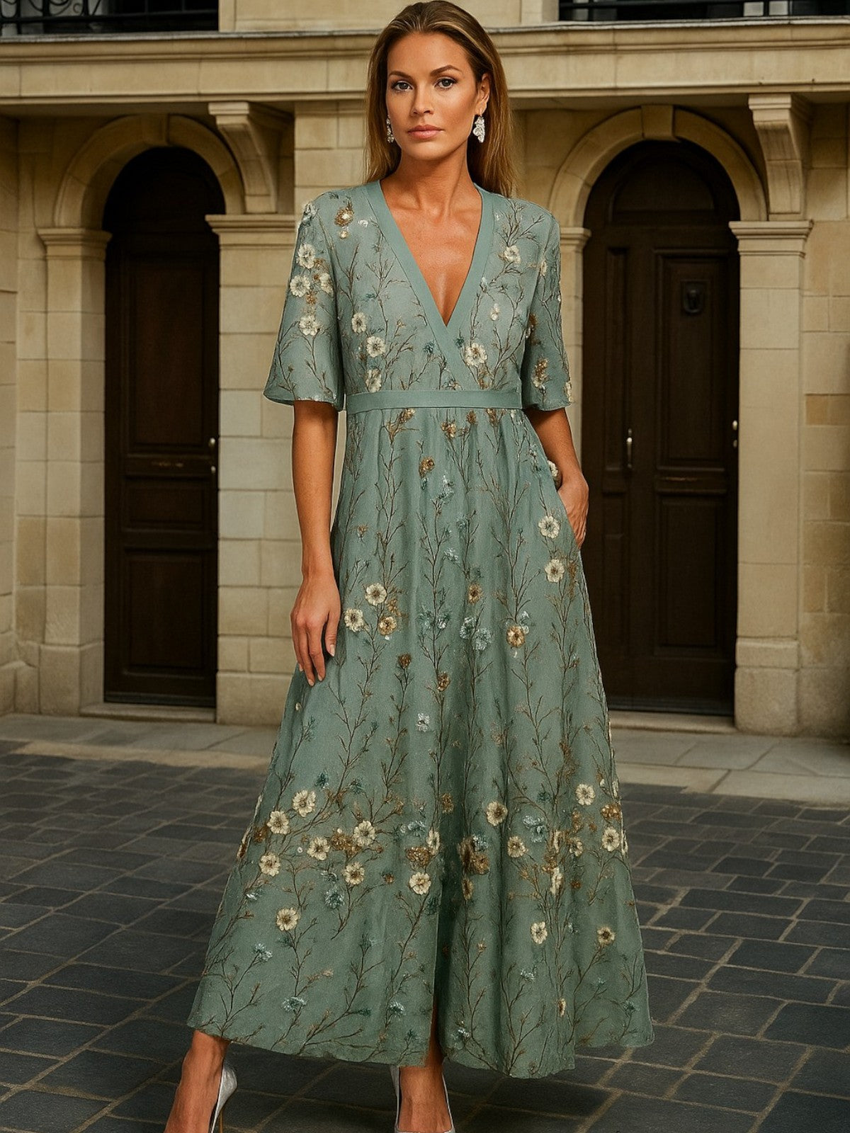 Women's Elegant V-Neck Belted Boho Maxi Dress, photo 2