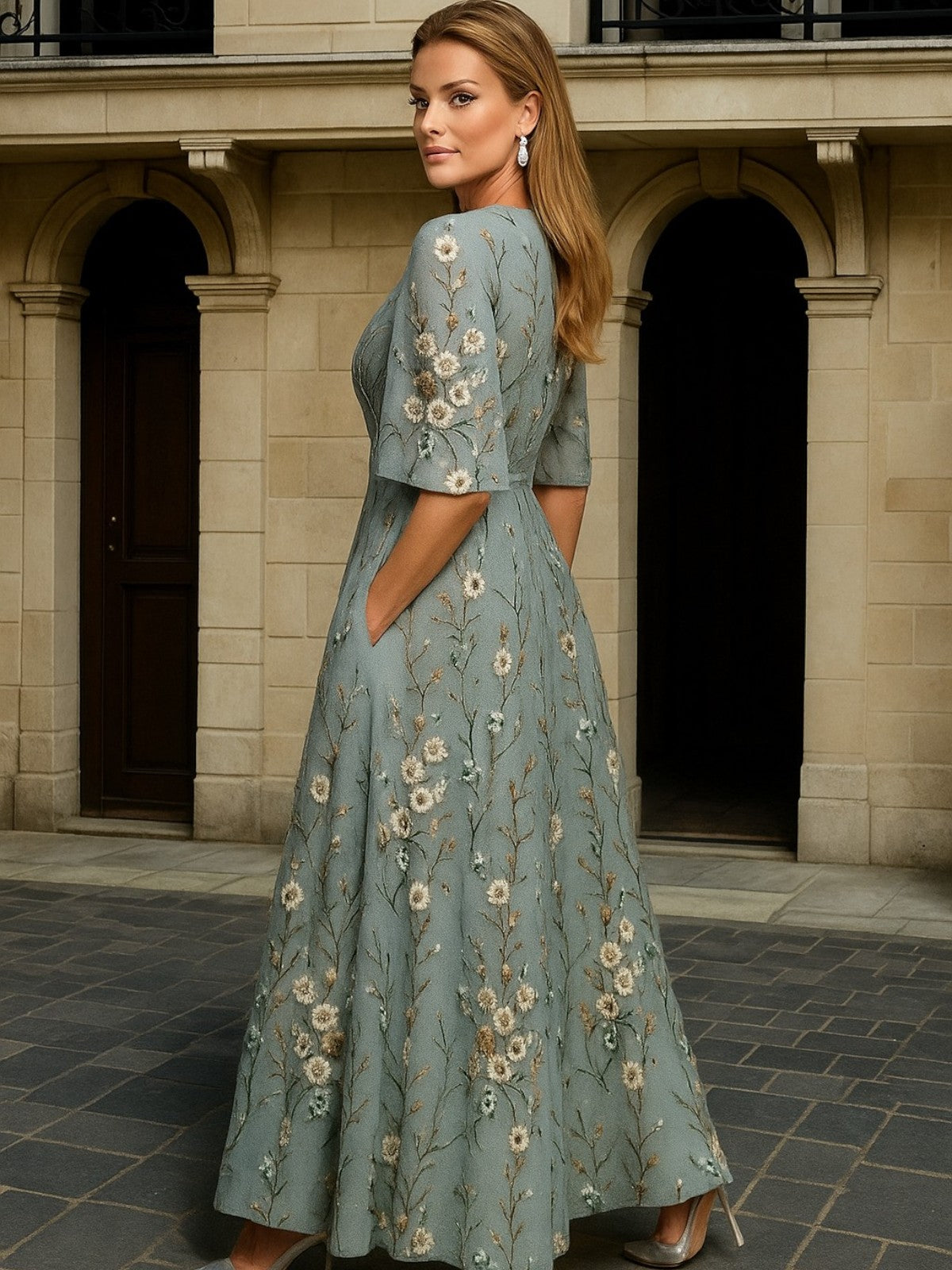 Women's Elegant V-Neck Belted Boho Maxi Dress, photo 3