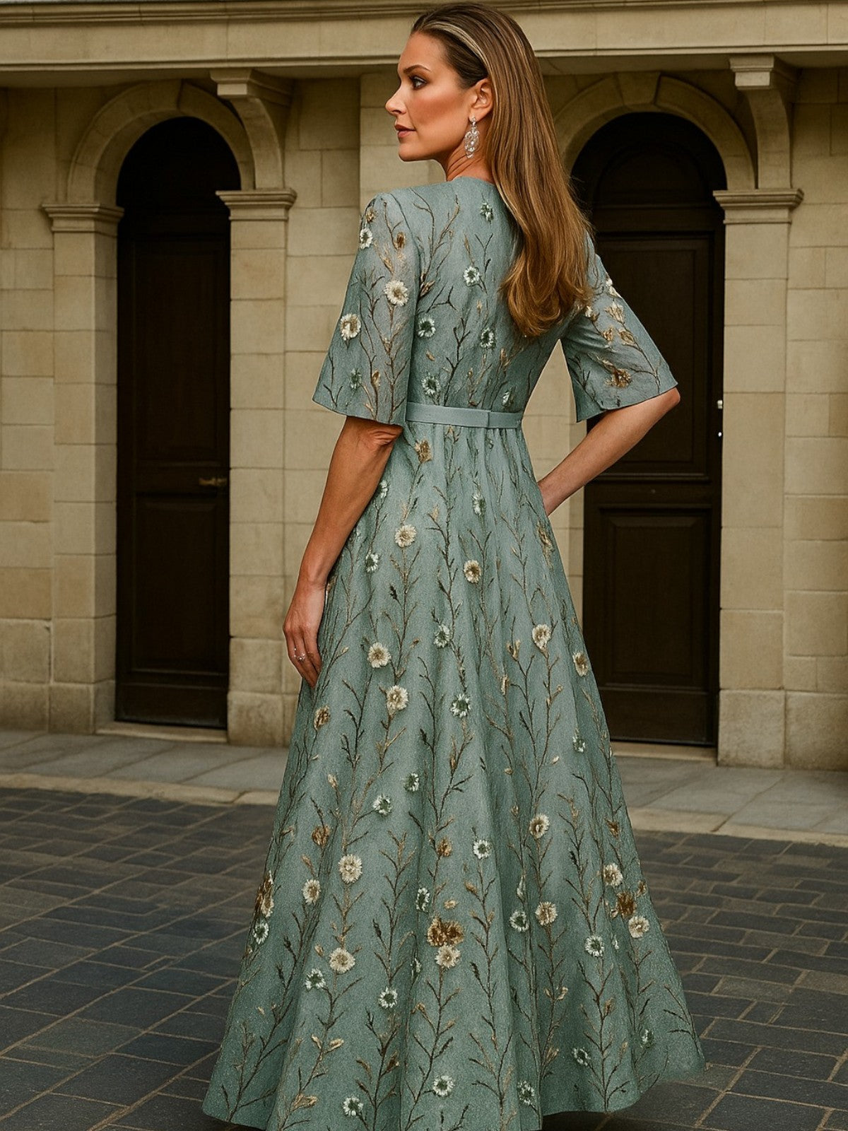 Women's Elegant V-Neck Belted Boho Maxi Dress, photo 4