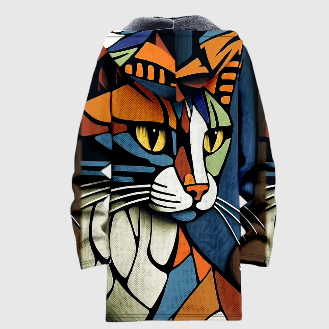 Cardigan oversized com capuz Linda Monroe, estampado com arte abstrata de gato em cores vibrantes e forro de sherpa.