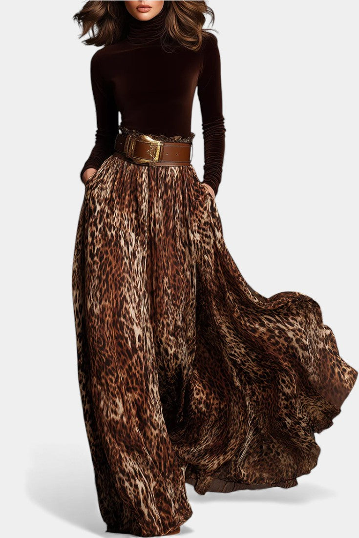 Women's Velvet Turtleneck & Leopard Skirt Set in Brown