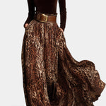 Women's Velvet Turtleneck & Leopard Skirt Set in Brown